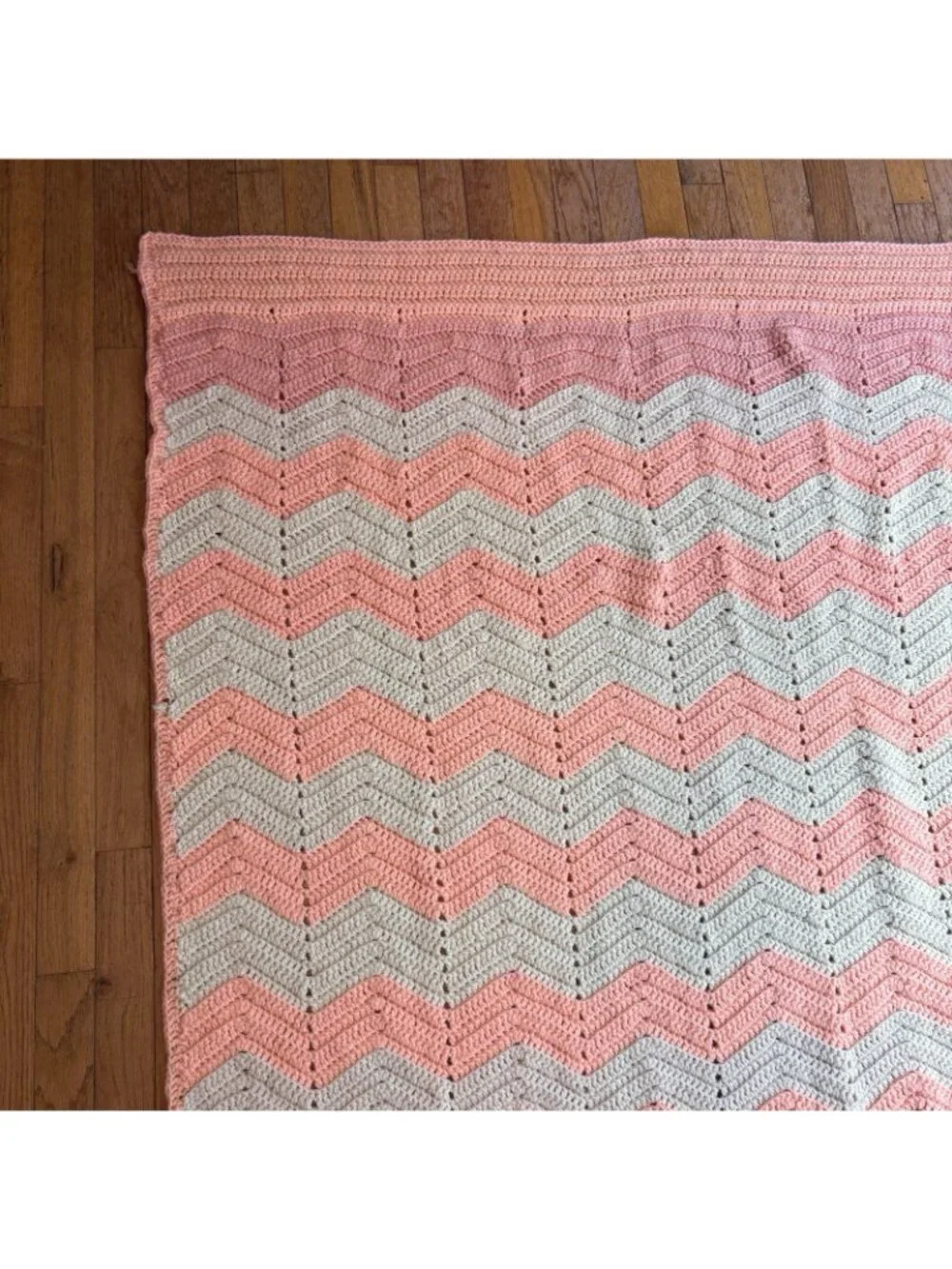 Handmade Knit Crochet Blanket Throw w/ Foot Pouch Pocket White Pink 66